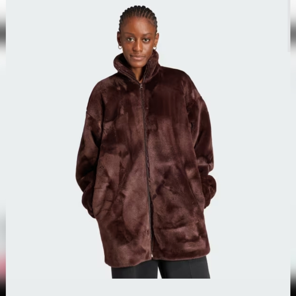 Adidas Brown Faux Fur Logo Jacket Size XS Oversize